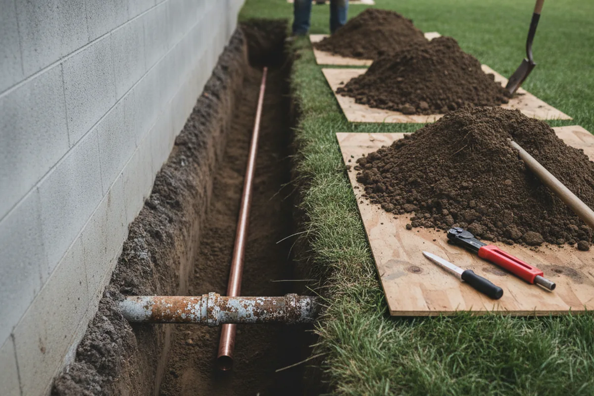 Excavated water line trench during Water Softener Installation in Junction City